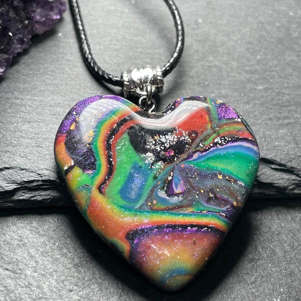 Lisa Frank Inspired Rainbow Galaxy Heart Pendant Necklace Hand Crafted - Picture 8 of 14